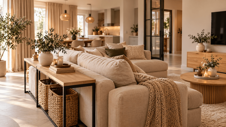 Beige hoekbank gecombineerd met taupekleurige gordijnen en lichte vitrage in een sfeervolle woonkamer.