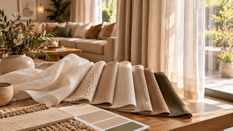 Verschillende gordijnstoffen in crème, beige, taupe, terracotta en olijfgroen naast een beige bank.