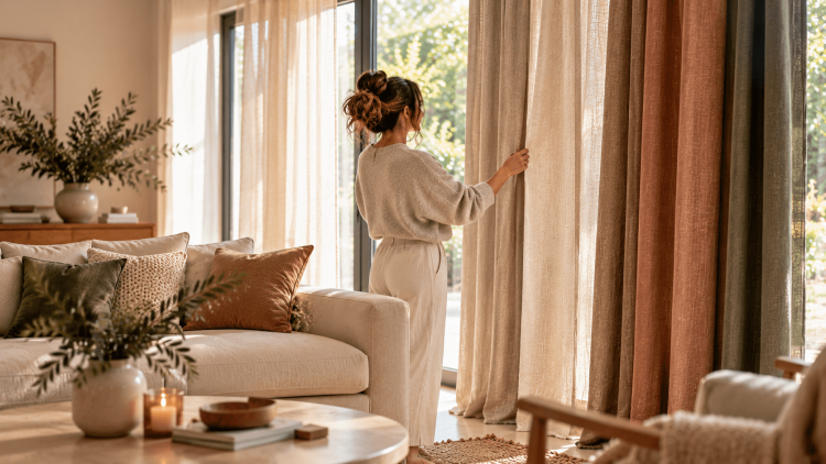 Welke kleur gordijnen bij beige bank: warme beige en taupe gordijnen in een sfeervolle woonkamer