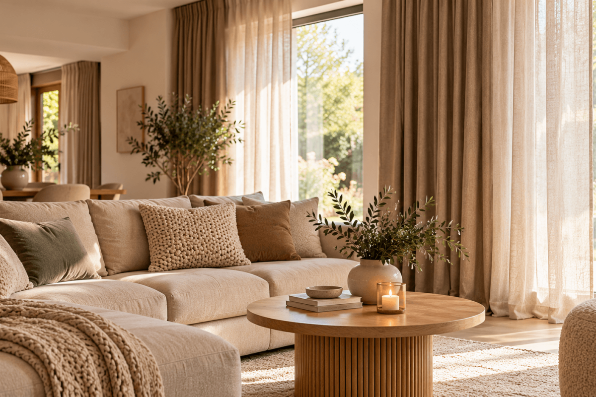 Beige hoekbank in een warme woonkamer met natuurlijke gordijnen, houten meubels en aardetinten.