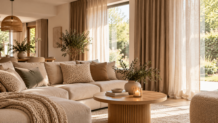 Beige hoekbank in een warme woonkamer met natuurlijke gordijnen, houten meubels en aardetinten.