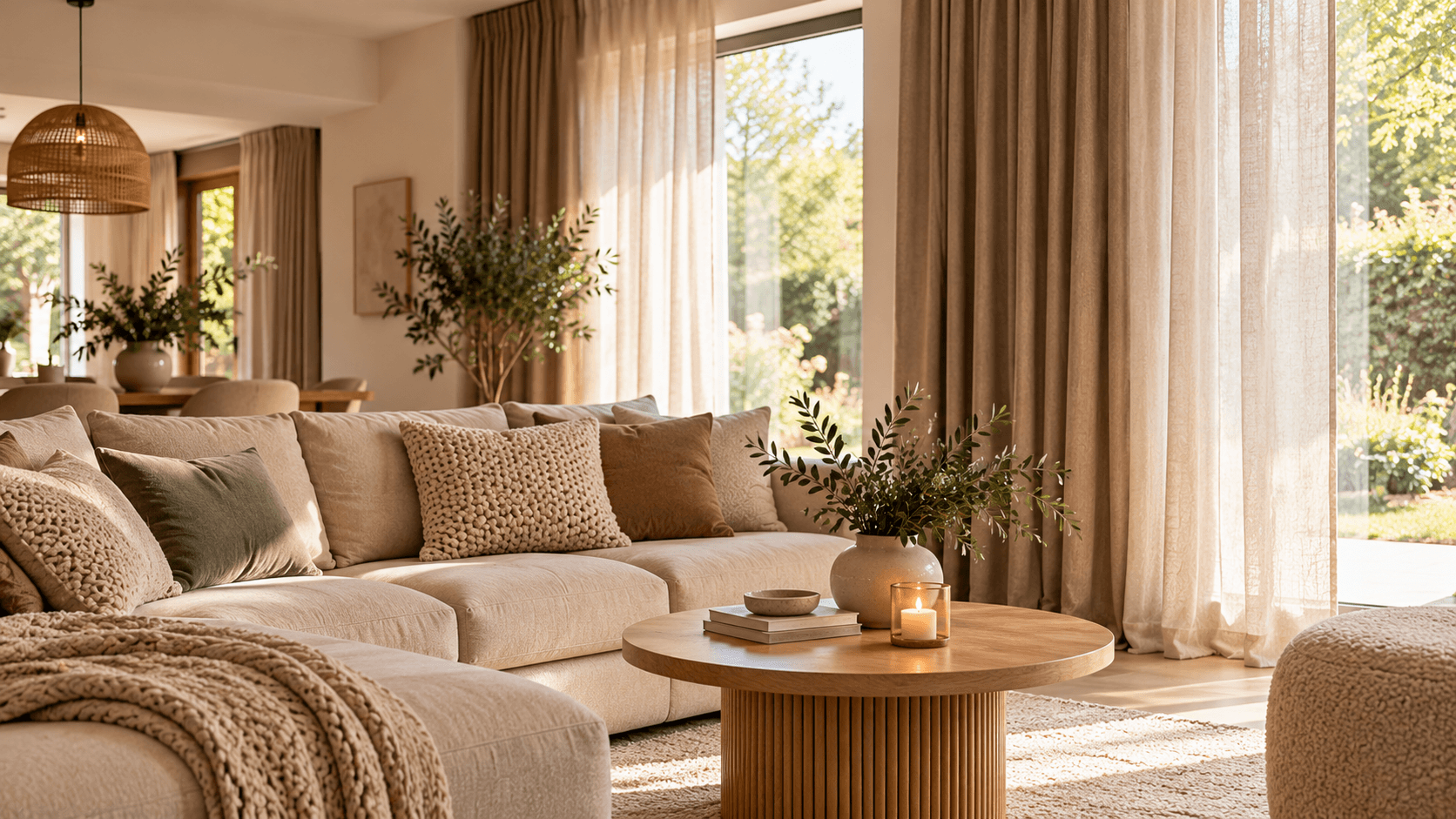 Beige hoekbank in een warme woonkamer met natuurlijke gordijnen, houten meubels en aardetinten.